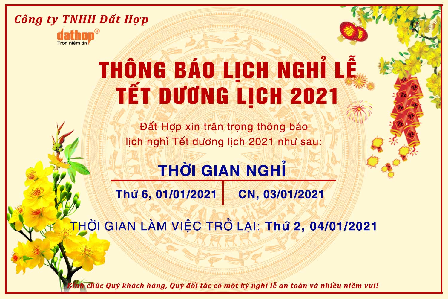 EKTECH thông báo nghỉ Tết Dương lịch 2021
