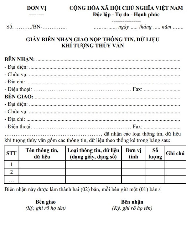 Mẫu giấy giao nộp thông tin, dữ liệu quan trắc khí tượng thủy văn 