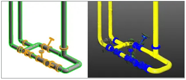Mô hình ống được hiển thị trong Autodesk Revit ở bên trái và Trimble RealWorks ở bên phải.