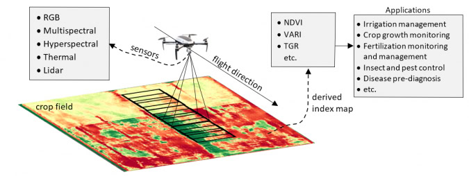 Sử dụng UAV cho nông nghiệp thông minh, mối liên hệ giữa các cảm biến, chỉ số thực vật và các ứng dụng.