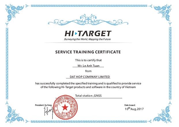 Chứng nhận hoàn thành đào tạo về máy toàn đạc, máy định vị GNSS đến từ Hi-Target.