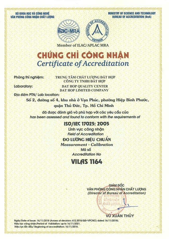 EKTECH nhận được chứng chỉ công nhận VILAS vào năm 2017 về đo lường và hiệu chuẩn.