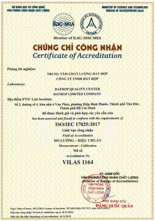 Chứng nhận Vilas 1164 do văn phòng công nhận chất lượng BOA cấp cho EKTECH.