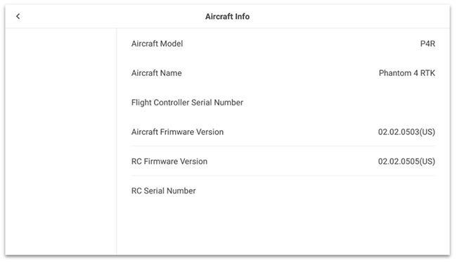 Màn hình Aircraft Info giúp kiểm tra phiên bản Firmware trên máy bay DJI Phantom 4 RTK.