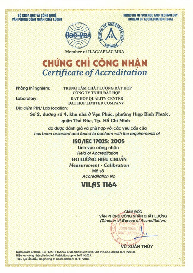 Trung tâm Kiểm định - Sửa chữa Máy đo đạc EKTECH nhận được chứng chỉ công nhận VILAS về đo lường và hiệu chuẩn.