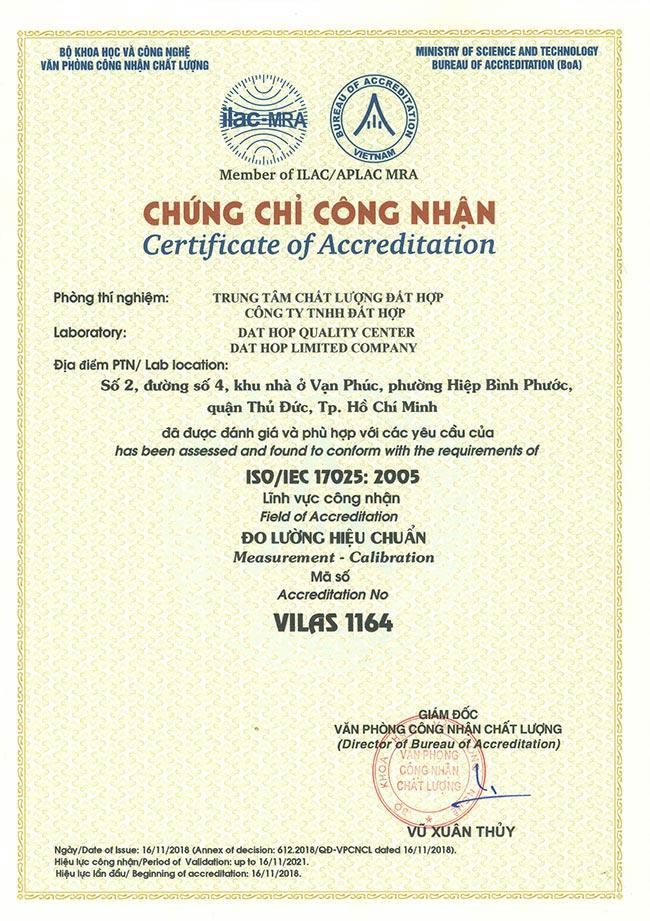 Chứng chỉ công nhận VILAS 1164 của Trung tâm Kiểm định – Sửa chữa thiết bị đo đạc EKTECH trong lĩnh vực đo lường hiệu chuẩn.