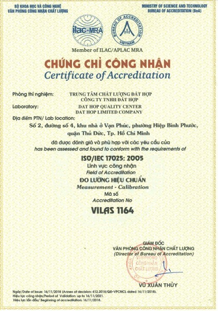 Chứng chỉ công nhận chất lượng VILAS 1164 được BOA cấp cho EKTECH vào năm 2017.