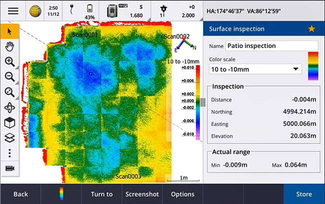Kết quả kiểm tra bề mặt được hiển thị ngay trên phần mềm hiện trường Trimble Access
