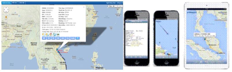 Giao diện website quản lý, giám sát tàu trên máy tính hoặc trên thiết bị di dộng.