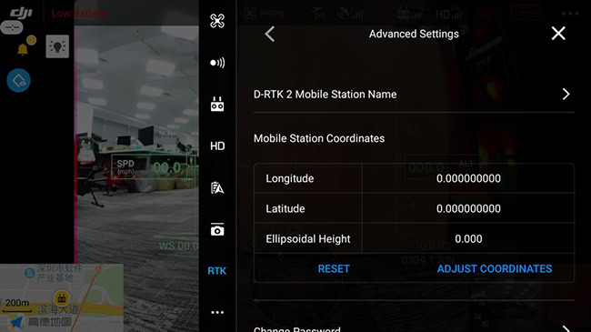 Giao diện Advanced Settings và hộp văn bản ghi lại tọa độ trên D-RTK 2.
