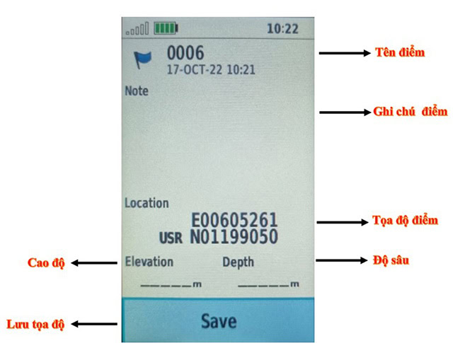 Giao diện đo tọa độ điểm bằng máy GPS cầm tay.